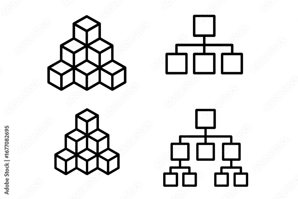 Poster hierarchy and pyramid line icon set. business structure and organizational chart symbols. corporate 