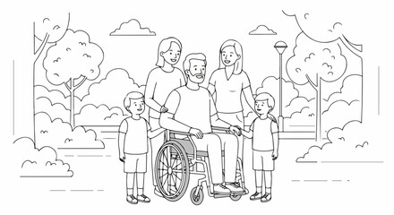 Happy family with father in wheelchair enjoying park outing. Family members stand beside wheelchair bound dad.  Parents and sons spend quality time together.