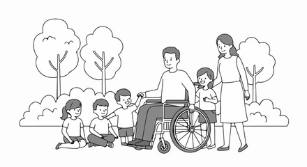 Happy family in park with father in wheelchair. Family enjoying sunny day outdoors. Parents with children spending quality time together.