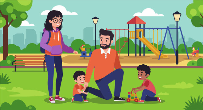 Happy family at playground. Parents with two children enjoy sunny day at park. Family spends quality time together. Happy family scene ideal for advertising family-friendly products and services.