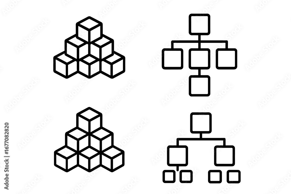 Poster hierarchy and pyramid structure line icon pack. vector outline signs for business organization, mana