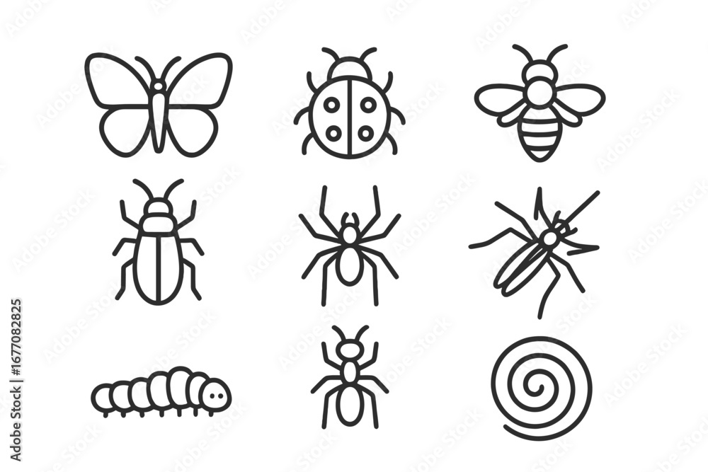 Poster insect and bug line icon set. collection of simple outline pictogram symbols like butterfly, ladybug