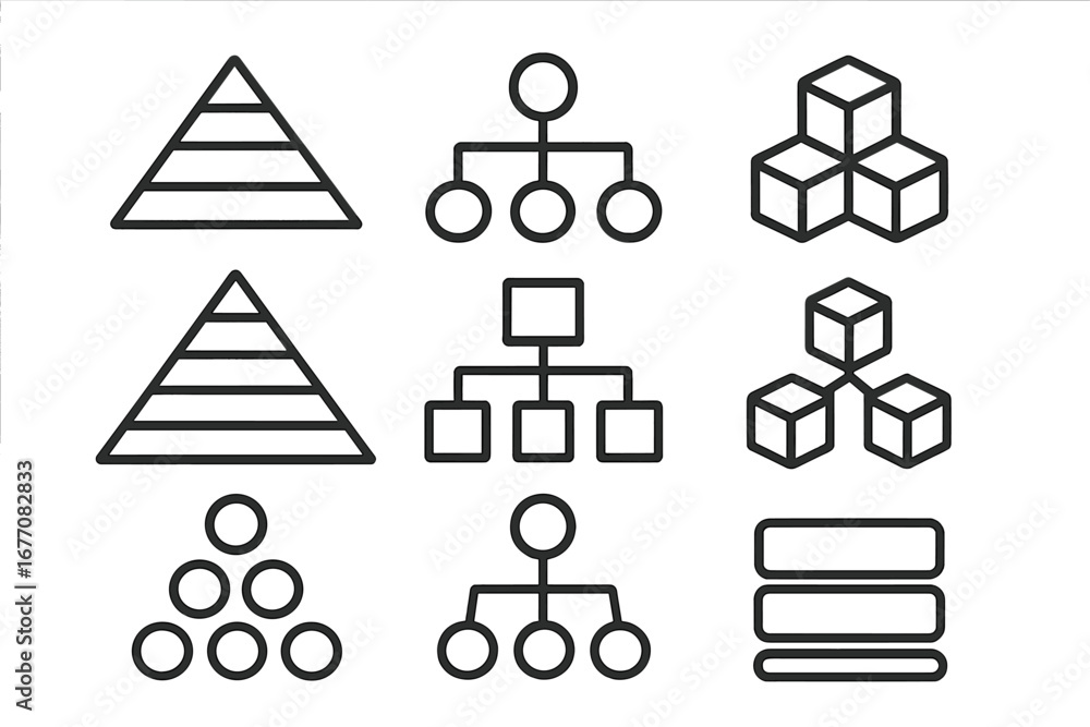 Poster hierarchy and structure line icon set. pyramid, flowchart, org chart icons. business organization, c