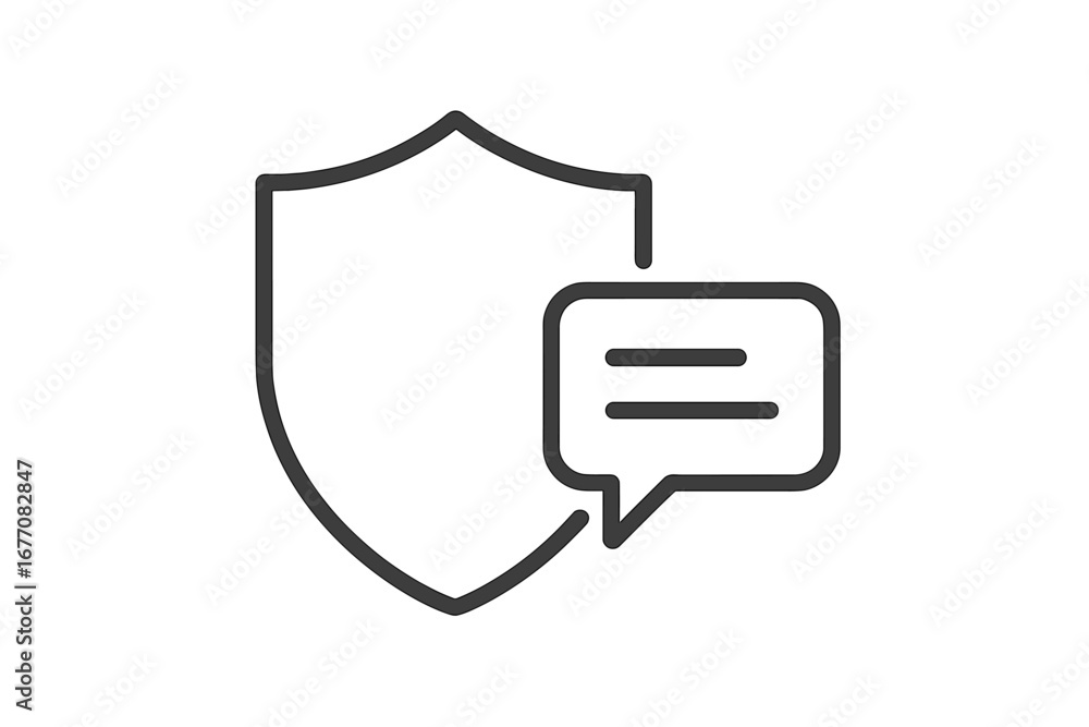 Poster Privacy protection concept. Secure chat message icon. Shield and speech bubble symbol. Thin line vector for cybersecurity, data safety, confidential communication, and web UI.