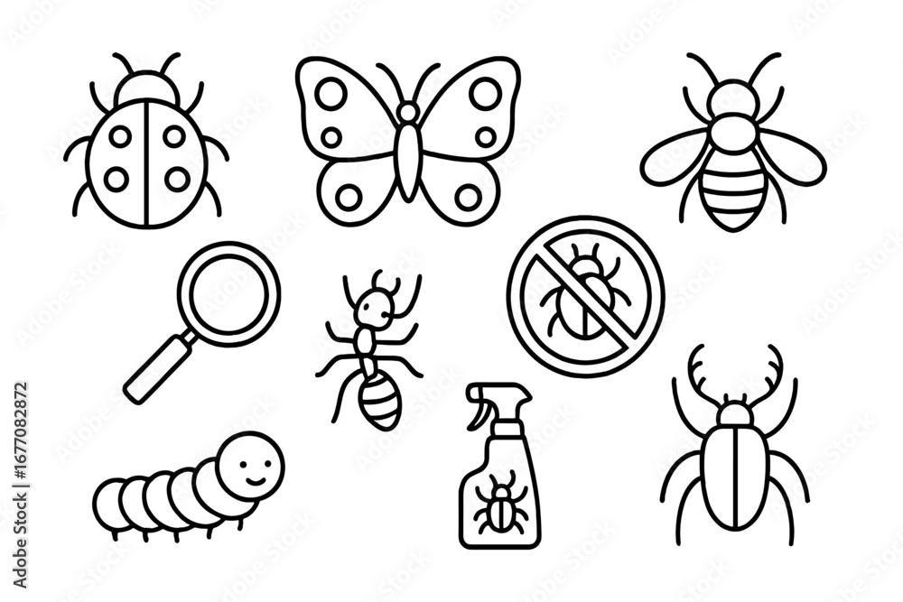 Poster insect and pest control line icon set. editable stroke vector collection of bug symbols: ladybug, bu