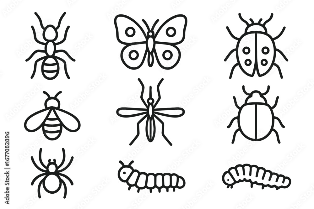 Poster insect and bug icon collection. outline graphic symbols set with editable stroke. vector illustratio