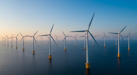 windkraftanlagen auf dem feld. Wind Turbines Windmill Energy. Offshore wind farm at sunrise, numerous turbines generating clean energy in calm sea.