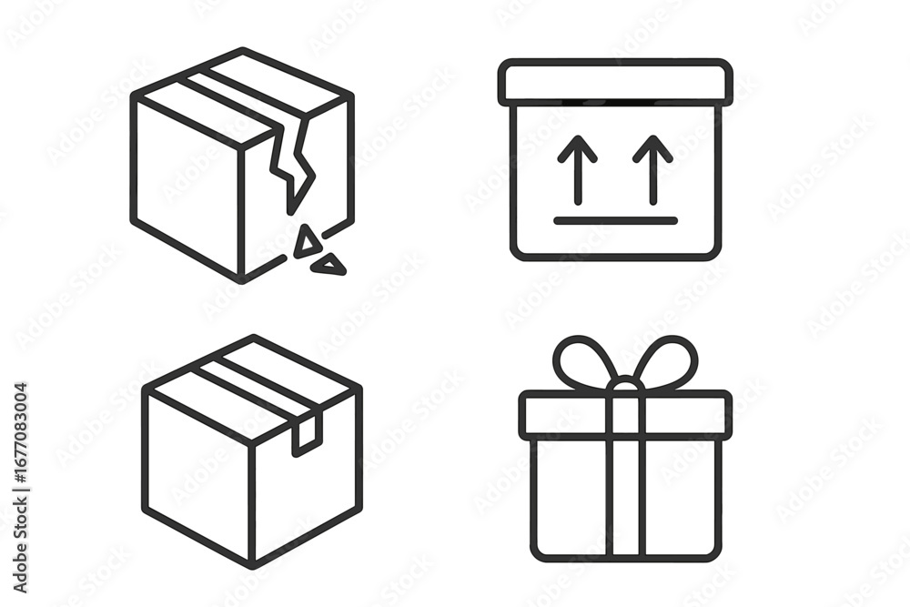 Poster set of box line icons for delivery and shipping. vector symbols for package, parcel, fragile cargo, 