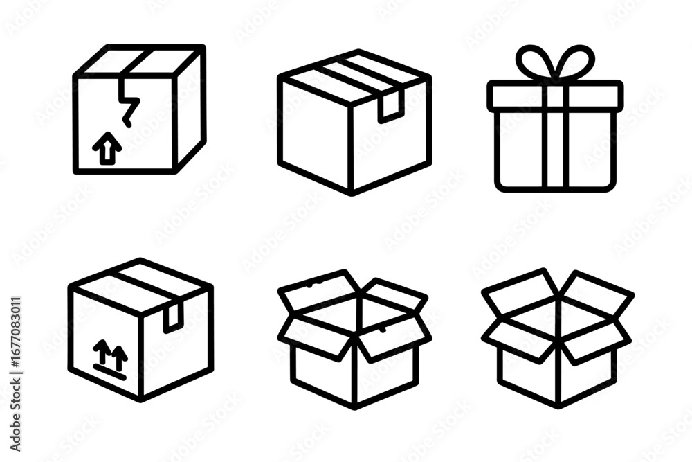 Poster vector line icon set of boxes for delivery and shipping. includes open, closed, fragile, and gift bo