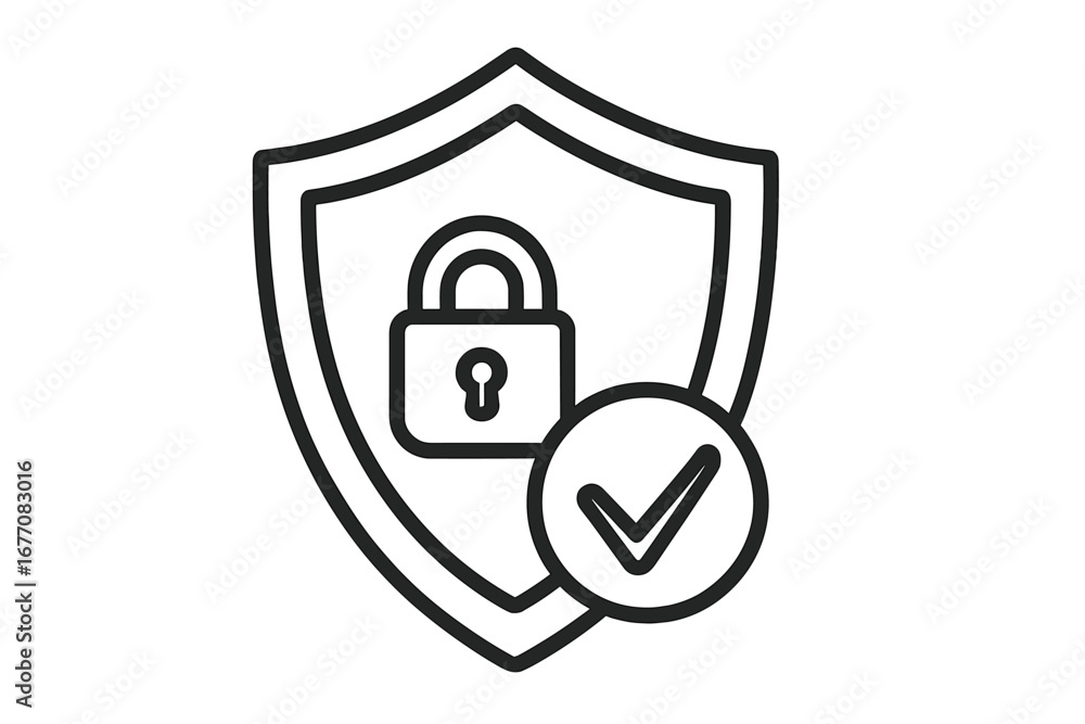 Poster security shield with padlock and check mark icon. vector line symbol for data protection, privacy, a