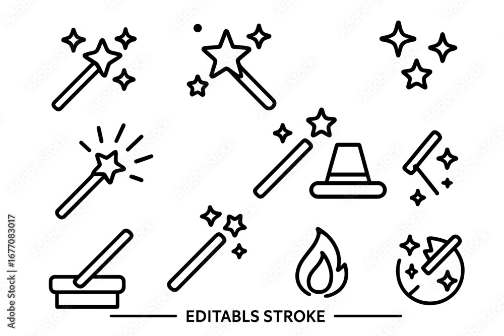 Poster magic wand line icon set for web and apps. editable stroke vector illustration. wizardry, fantasy, m