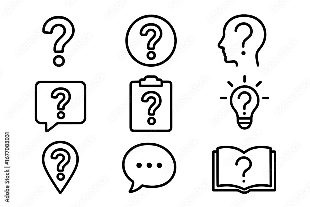 Poster question mark thin line icon set. help, support, faq, query outline vector symbols. signs for web, u