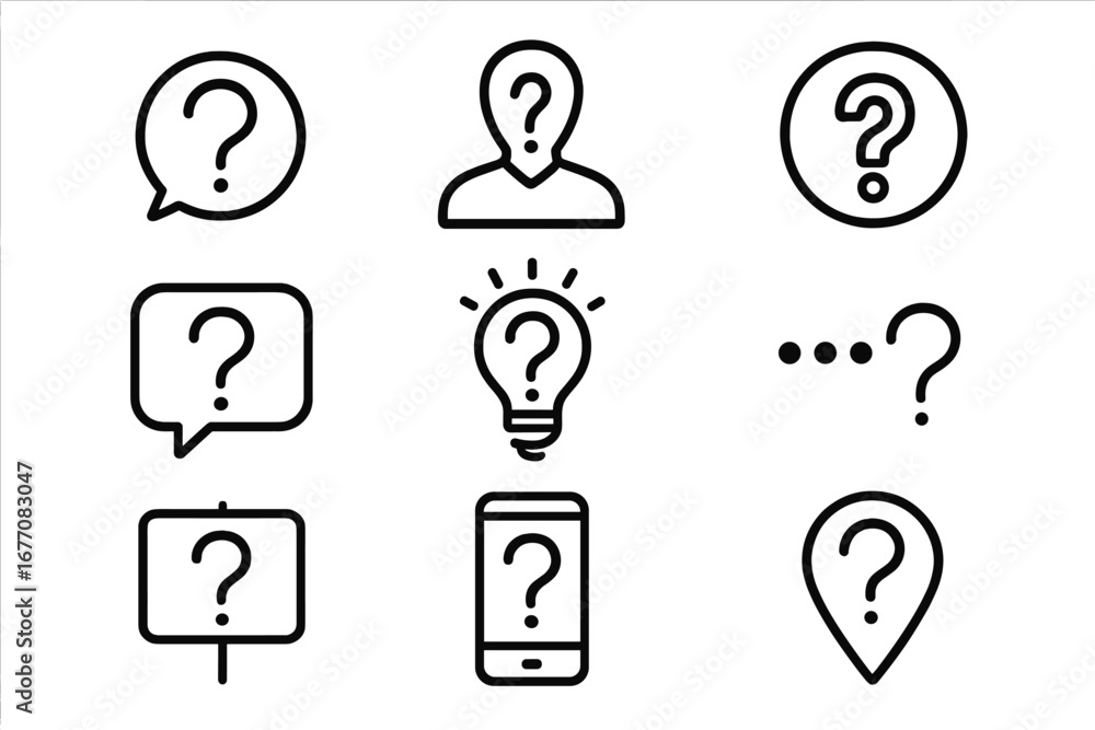 Poster question mark line icon set. faq, help and support thin line signs for web design and apps. vector p
