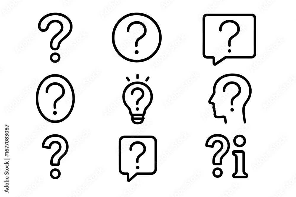 Poster question mark line icon pack. faq and help support symbol set. problem, query, and solution outline 