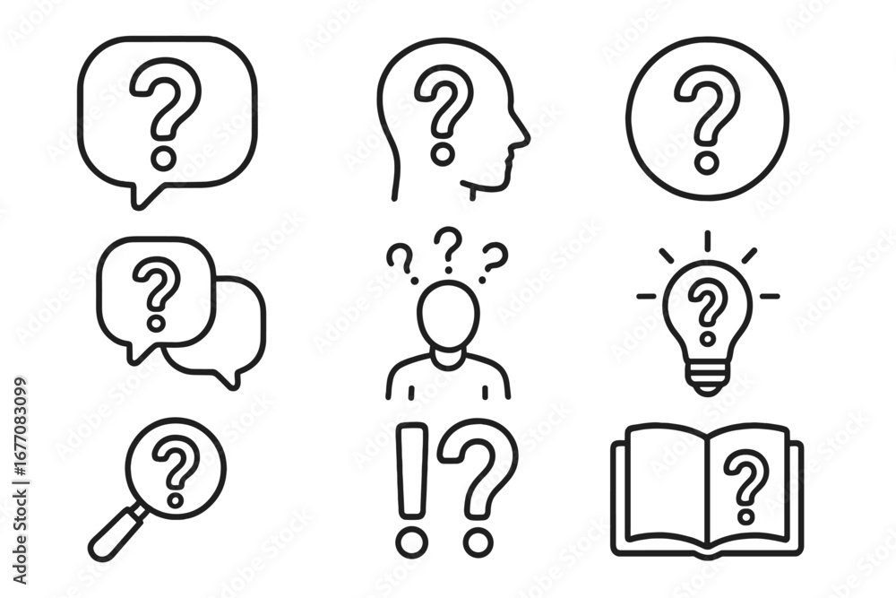 Poster question mark line icon set for help and support. faq, query, and problem-solving symbols. vector ic
