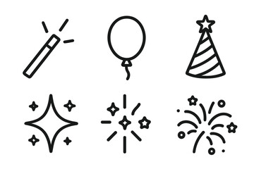 Celebration party line icon set. Minimalist vector icons for birthday, new year, holiday event. Magic wand, balloon, party hat, sparkling star, and fireworks illustration.