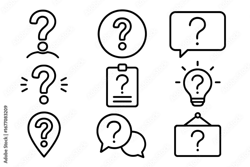 Poster question mark thin line icon set. faq, help and support center signs. vector outline pictograms for 