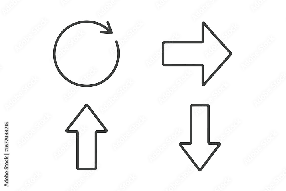 Poster arrow line icon set. up, down, next, refresh symbols. simple outline pointers for direction, navigat