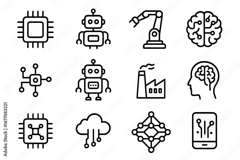 Poster technology icon set. artificial intelligence, robot, chip, factory, automation line icons. vector ou