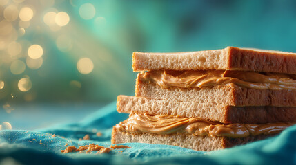 A stack of peanut butter sandwiches with a soft, creamy spread, presented on a blue cloth with a bokeh background, highlighting the texture and layers of the bread.
