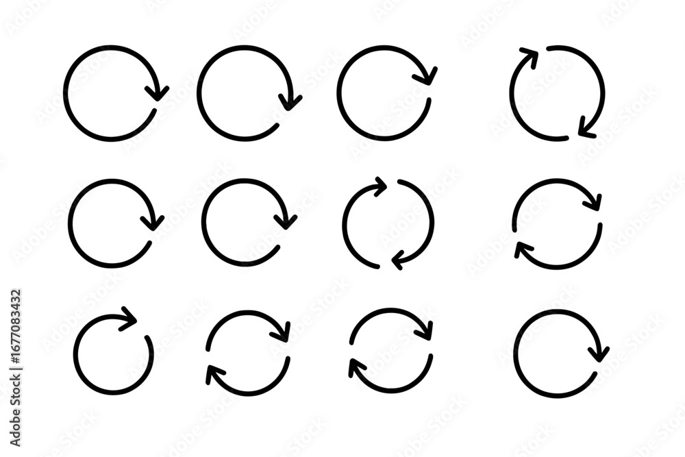 Poster set of circle arrow line icons. refresh, reload, repeat, and rotate symbols. update, sync, and resta