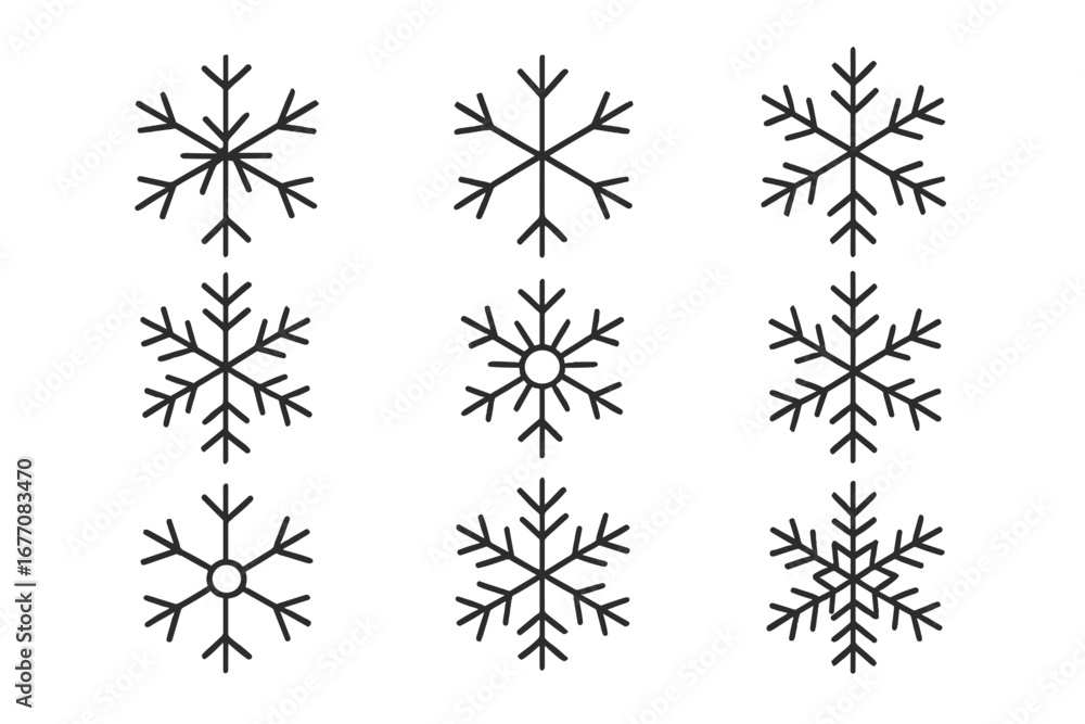 Poster snowflakes line icon collection with editable stroke for minimalistic linear design of cards, apps, 
