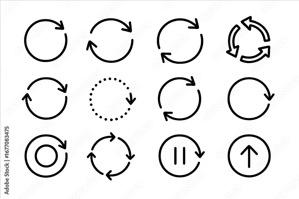 Poster set of round arrow line icons. refresh, reload, rotate and update symbols. vector signs for graphic 