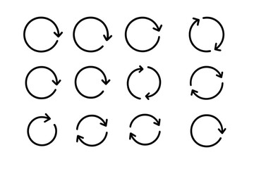 Set of circle arrow line icons. Refresh, reload, repeat, and rotate symbols. Update, sync, and restart buttons for UI UX design. Loop, cycle, and circular vector signs.