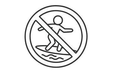 No surfing sign vector icon. Surfing prohibited symbol. Beach safety rules. Danger warning. Water sport forbidden. Simple isolated outline pictogram. Web, app illustration.