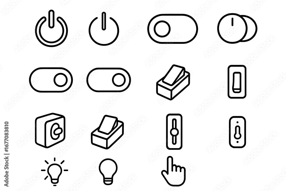 Poster on off switch line icon set. power button, toggle and slider pictogram collection for web design, ap