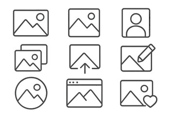Picture and photo line icon set. Includes user profile, upload, edit, favorite, gallery. Outline symbols for web design, apps, UI, UX. Vector graphic pictogram collection.