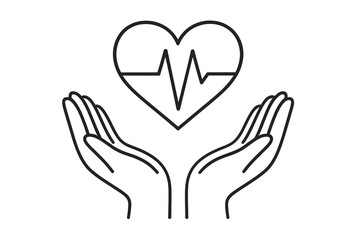 Obraz premium Hands holding heart with heartbeat line. Health care and medical concept vector icon. Life insurance, cardiology, charity, and wellness logo. Cardiogram pulse symbol for support.