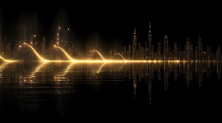 Golden city skyline reflected on dark water, with golden light trails