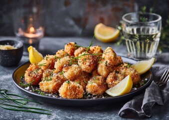 Fototapeta premium Crispy, golden-brown shrimp bites, piled high on a dark plate, garnished with fresh herbs and lemon slices. A glass of white wine and a small bowl of butter are visible in the background