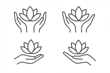 Obraz premium Hands holding lotus flower line icon set. Concept for yoga, meditation, spa, and wellness. Symbol of beauty, harmony, care. Minimalist floral vector logo illustration.