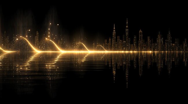 Golden city skyline reflected on dark water, with golden light trails