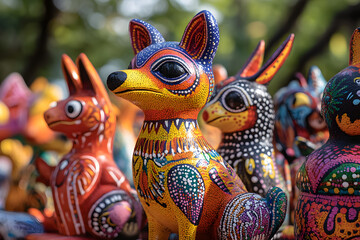 Colorful handmade alebrijes displayed outdoors for sale