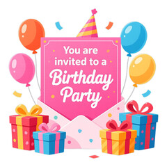 Pink Birthday Party Invitation with Balloons and Gifts, Transparent Background, Festive Graphic for Digital Media