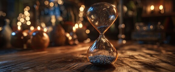 A clear hourglass sits on a rustic wooden surface, surrounded by blurred objects in a dimly lit room, illuminated by candlelight