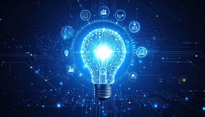 A glowing light bulb surrounded by digital icons representing innovation and technology concepts.