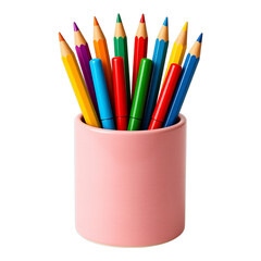 Pink Ceramic Pencil Holder with Colorful Pencils, 3D Realism Design Element on Transparent Background