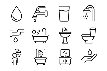 Water and bathroom line icon set. Hygiene, plumbing, and sanitation symbols. Faucet, shower, toilet, sink, and bathtub outline pictograms. Editable stroke vector for UI/UX.