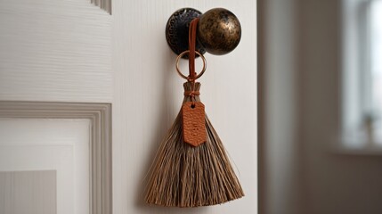 A closeup of minimal Halloween door hanger: tiny broomstick, charm, and leather tag, shot against white door