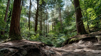 Obraz premium Lush forest floor bathed in sunlight, showcasing towering trees and intricate root systems.
