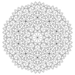 Asian floral mandala for adults coloring book. Vector ethnic circular ornament. Black and white linear illustration