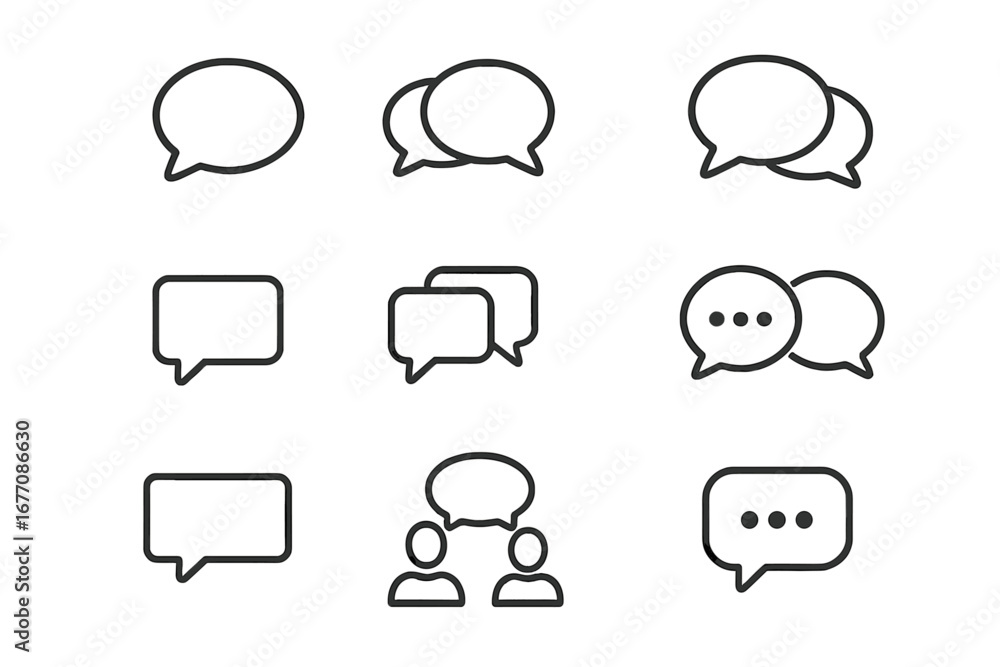 Poster Speech bubble and chat line icon set. Concepts of talking, conversation, dialogue, and communication. Editable stroke vector icons for web, apps, and print design.