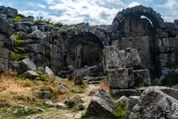 The entrance to the ruins of the ancient theater in the ancient city of Sagalassos in the Aglasun...