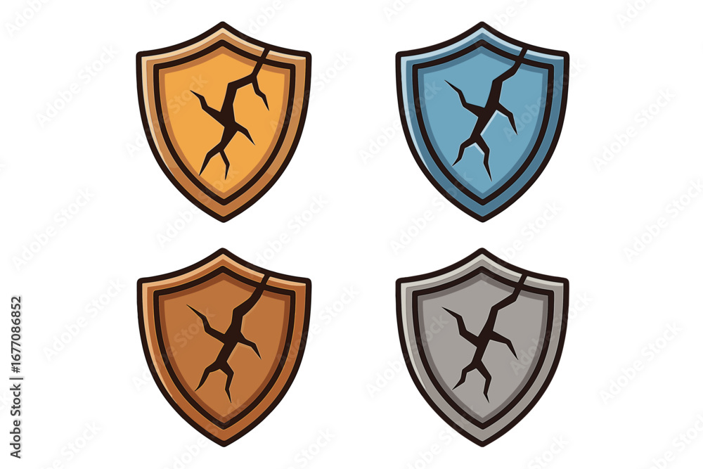 Poster cracked shield icon set. vector cartoon symbol of broken security. concept for data breach, vulnerab
