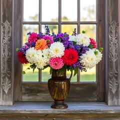 Colorful Dahlia Bouquet in Vase by Window