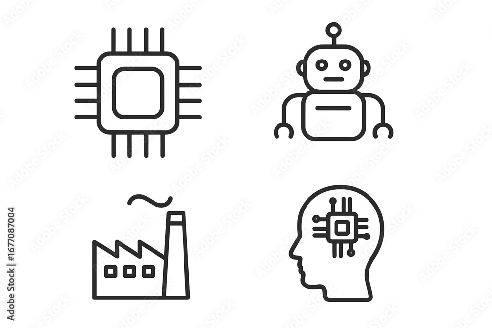 Poster technology thin line icon set. chip, robot, factory, artificial intelligence signs. vector outline s